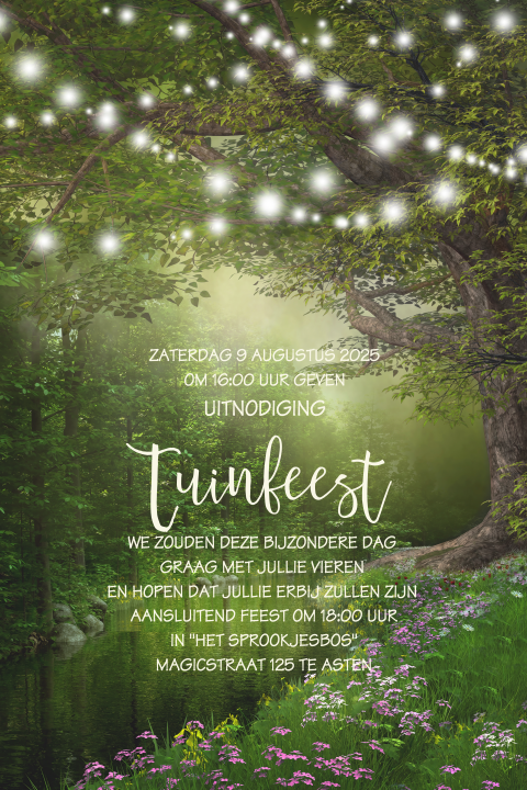 Tuinfeest uitnodiging voor in het bos met lichtslingers