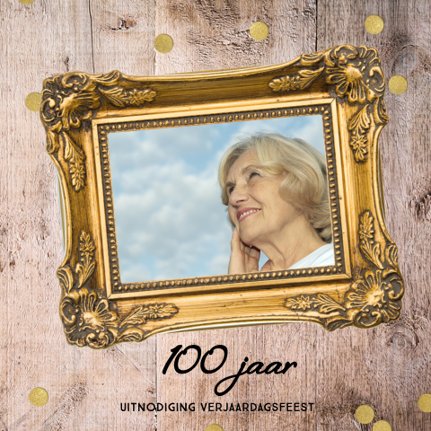 Uitnodiging 100e verjaardag met gouden fotolijst
