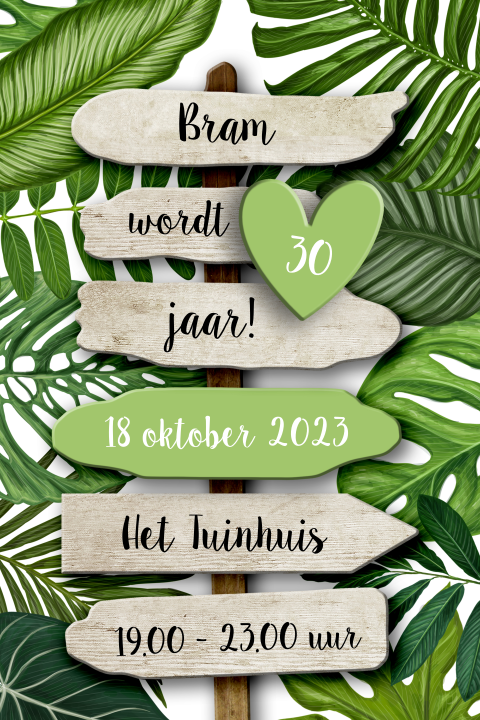 Uitnodiging 30ste verjaardag botanisch groen houten bordjes