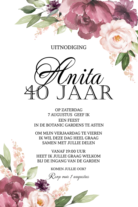 Uitnodiging voor 40e verjaardag vrouw met roze en paarse bloemen