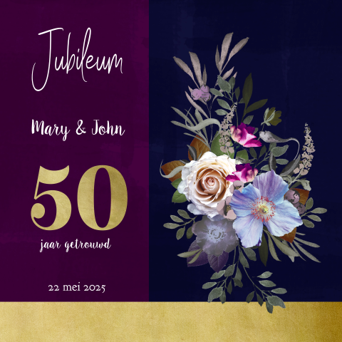 Uitnodiging 50 jaar getrouwd rozen, anemoon en gouden getal