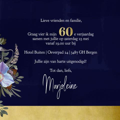 Uitnodiging verjaardag 60 chique paars met bloemen en goudlook
