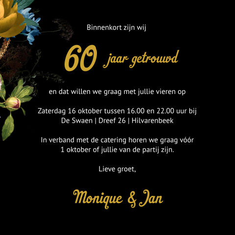 Uitnodiging 60 jubileum Bloemen  folie goud