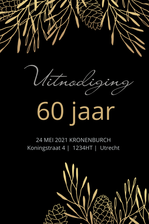 60e verjaardag uitnodiging met goudkleurige dennenappels zwart