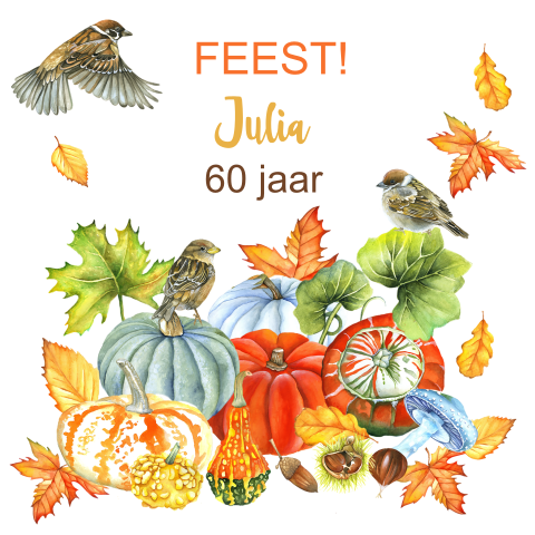 Uitnodiging 60e verjaardag met kalebas herfst vogels
