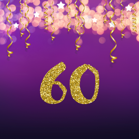 Moderne uitnodiging 60e verjaardag paars met slingers