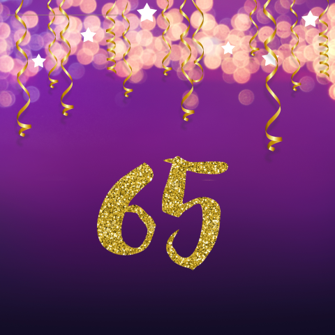 Moderne uitnodiging 65e verjaardag paars met slingers