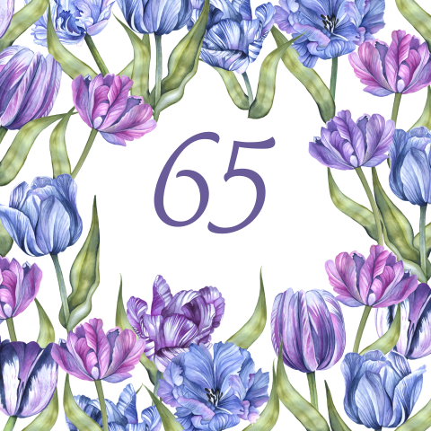 Uitnodiging 65e verjaardag paarse tulpen