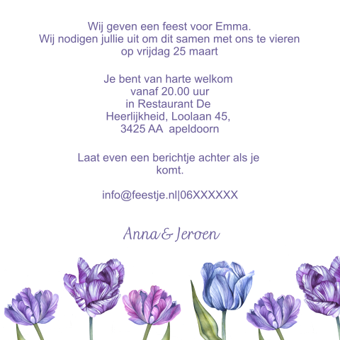 Uitnodiging 65e verjaardag paarse tulpen