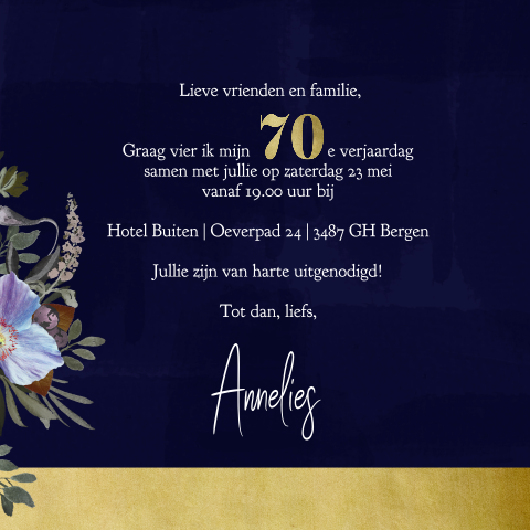 Uitnodiging 70 jaar botanisch paars met goudkleurig