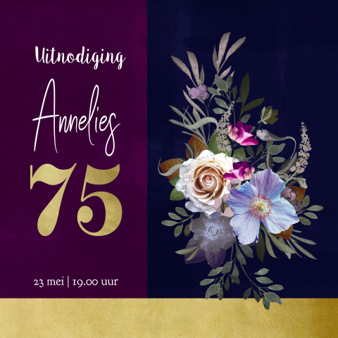 Uitnodiging 75e verjaardag botanisch paars met goudkleurige accenten