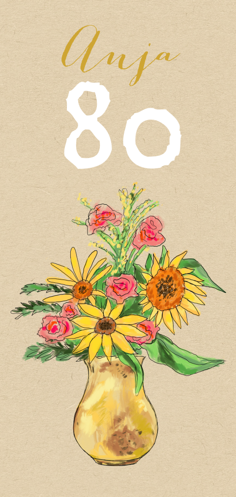 Uitnodiging 80e verjaardag zonnebloemen in vaas