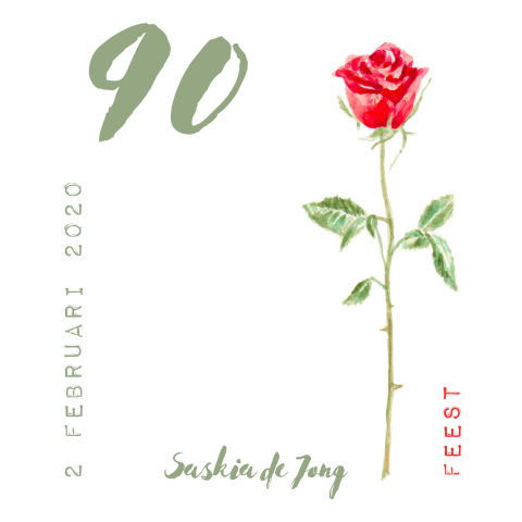 Uitnodigingskaart roos 90 jaar verjaardag