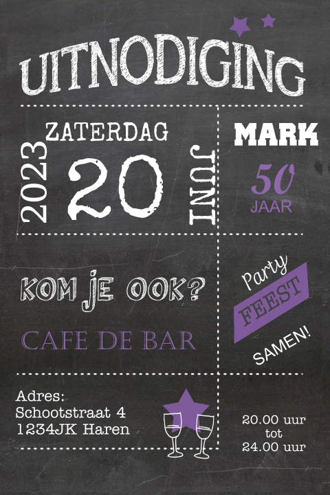 Uitnodiging 50e verjaardag schoolbord met paarse typografie