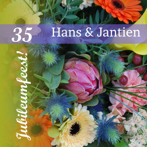 Uitnodiging kleurrijke bloemen 35 jaar getrouwd paars en groen