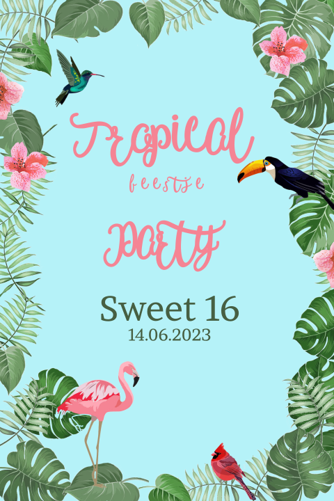 Uitnodiging verjaardag sweet 16 met bloem kaart met flamingo
