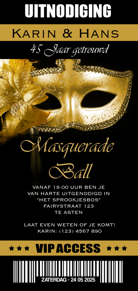 Uitnodiging gemaskerd bal met goud masker voor jubileum 45