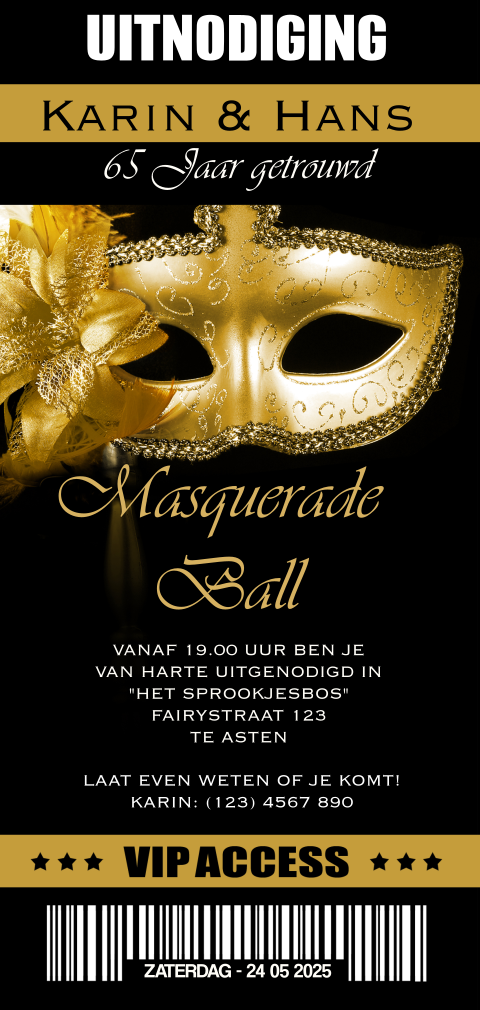 Uitnodiging gemaskerd bal met goud masker voor jubileum 65