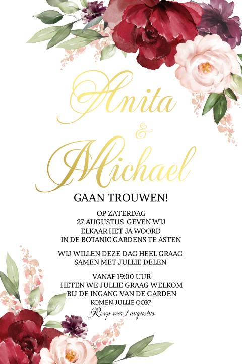 Uitnodiging goud folie huwelijk met prachtige roze en rode bloemen