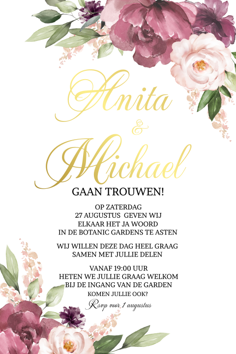 Uitnodiging goudfolie huwelijk met prachtige roze en paarse bloemen