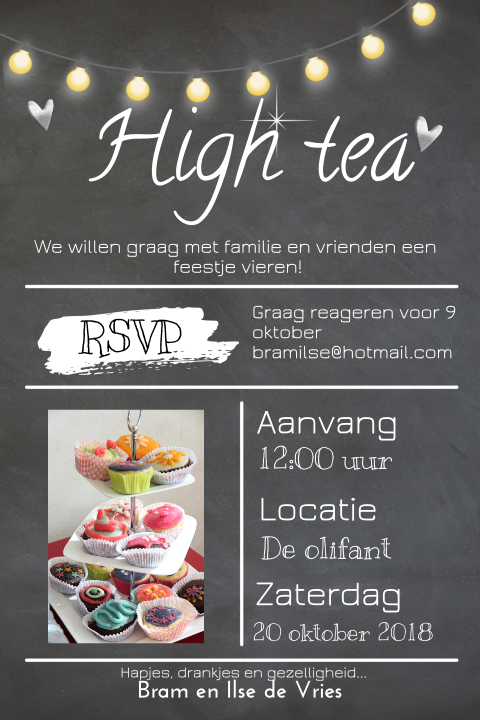 Uitnodiging high tea op krijtbord met typografie