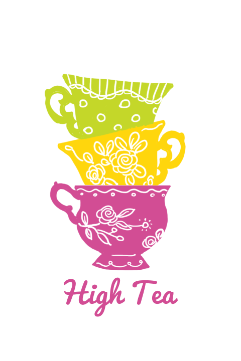 Uitnodiging high tea wit met tekeningen van theekopjes