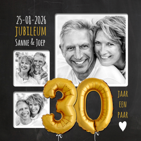 Uitnodiging huwelijksjubileum 30 jaar ballonnen goudkleuri fotocollage