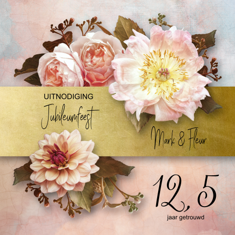 Uitnodiging Jubileum 12,5 met mooie roze bloemen