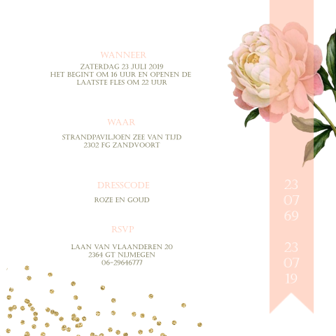 Uitnodiging jubileum 30 jaar getrouwd. Bloemen en gouden glitters.