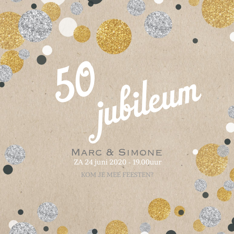 Uitnodiging jubileum 50 met confetti in zilver en goudlook
