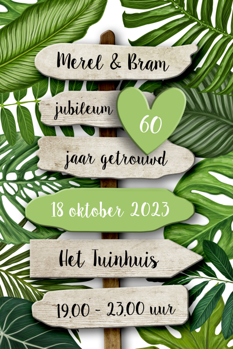 Uitnodiging jubileum 60 jaar  botanisch groen houten bordjes