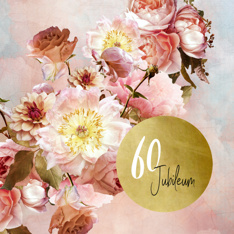 Uitnodiging Jubileum 60 met prachtige bloemen en goudlook accenten