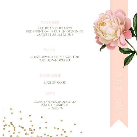 Uitnodiging jubileum 65 jaar getrouwd. Bloemen en gouden glitters.