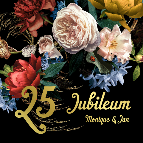 Uitnodiging jubileum Bloemen  folie goud