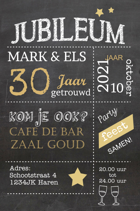 Uitnodiging jubileum krijtbord en typografie met goud accenten