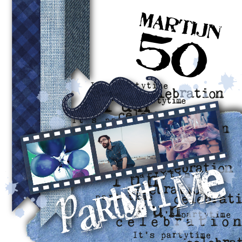 Uitnodiging 50ste verjaardag man filmstrip jeans stoer