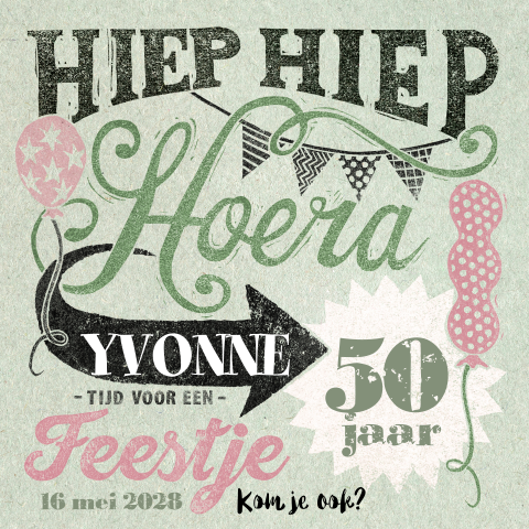Hippe verjaardagsuitnodiging 50 jaar met stempel