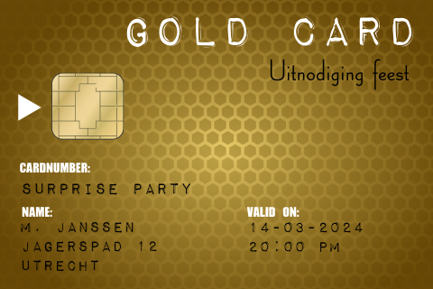 Uitnodiging surprise party in de vorm van een gold card