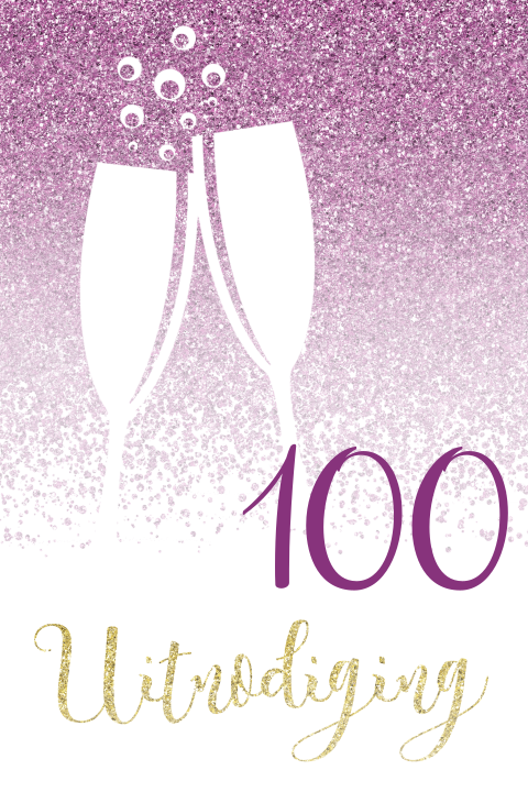 Verjaardagsuitnodiging 100 jaar met paarse glitters en champagne