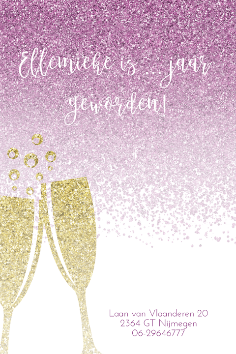 Verjaardagsuitnodiging 100 jaar met paarse glitters en champagne
