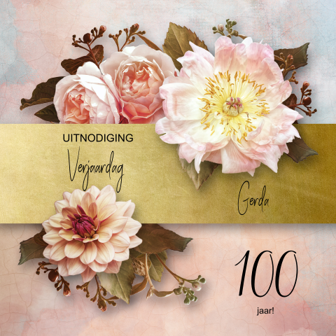 Uitnodiging verjaardag 100 met bloemen en goudlook accenten