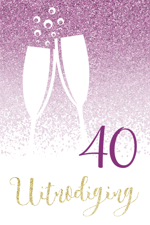 Verjaardagsuitnodiging 40 jaar met paarse glitters en champagne glazen