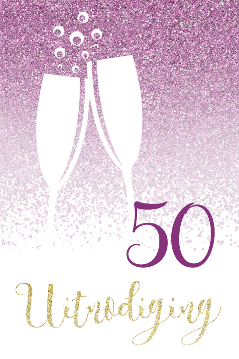Verjaardagsuitnodiging 50 jaar met paarse glitters en champagne glazen