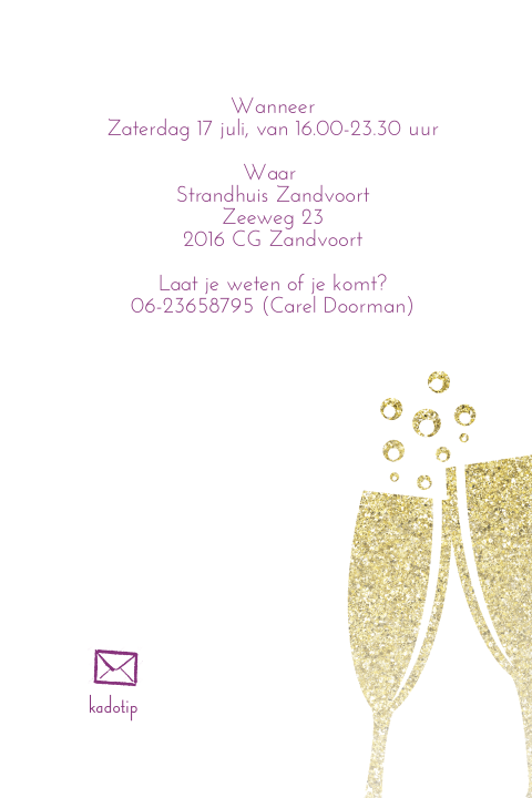Verjaardagsuitnodiging 75 jaar met paarse glitters en champagne