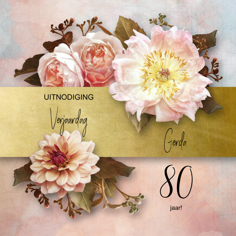 Uitnodiging verjaardag 80 met bloemen en goudlook accenten