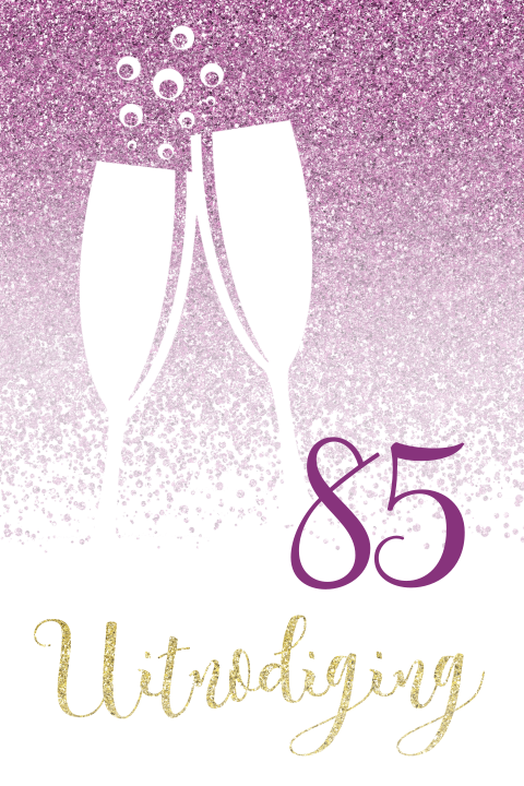 Verjaardagsuitnodiging 85 jaar met paarse glitters en champagne