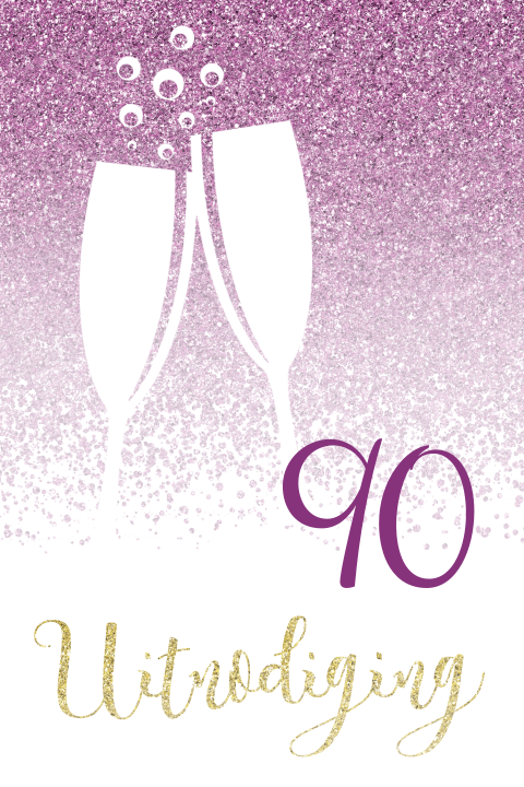 Verjaardagsuitnodiging 90 jaar met paarse glitters en champagne
