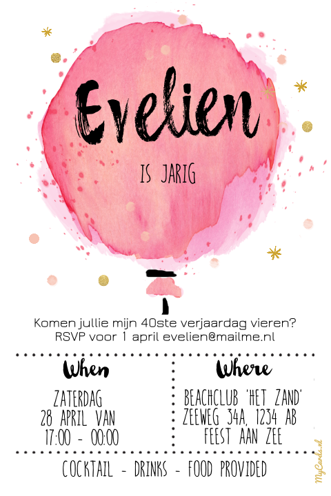 Uitnodiging verjaardag roze aquarel ballon typografie
