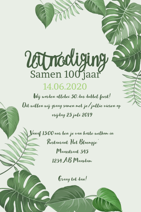 Uitnodigingskaart verjaardag samen 100 met groene bladeren 