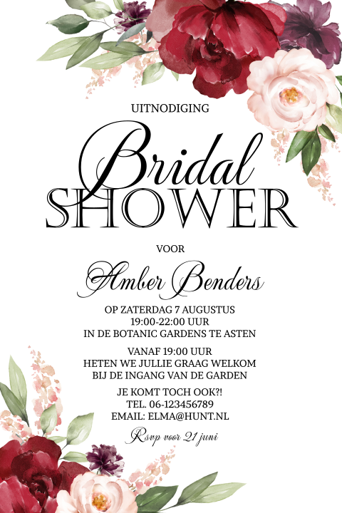 Uitnodiging voor bridal shower met prachtige roze en rode bloemen